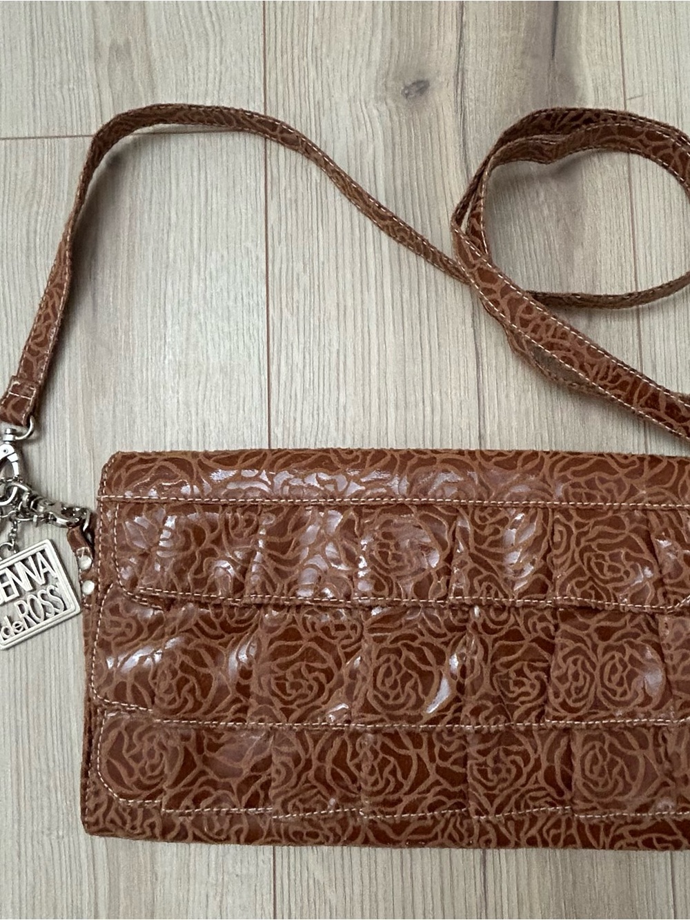 Genna de Rossi Brown Floral Patent Crossbody Bag